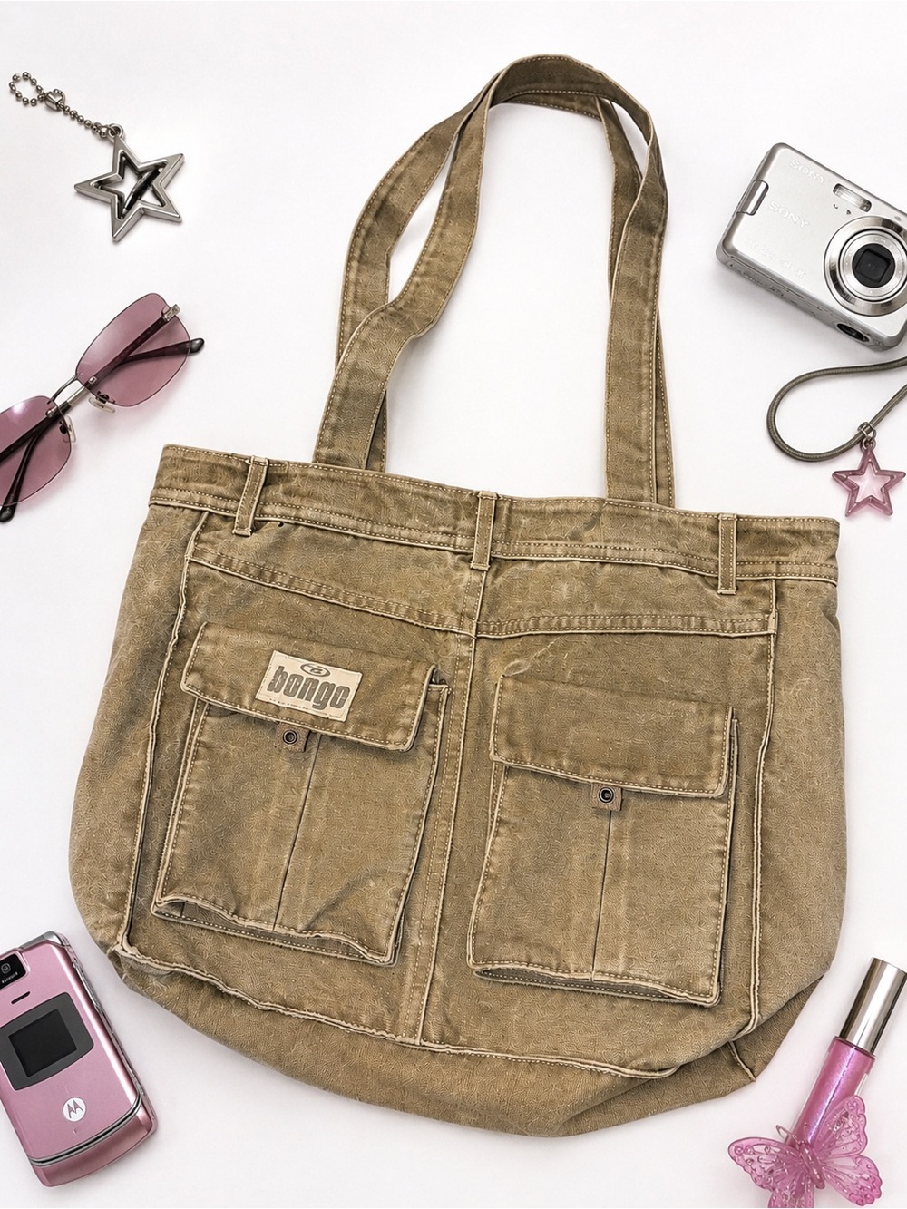 BONGO Y2K Mint Condition Grunge Canvas Cargo Pocket Utility Tote Bag Olive/Khaki
